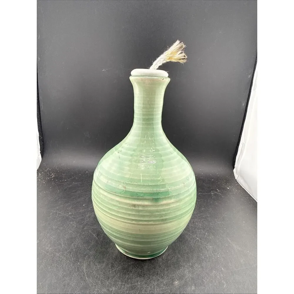 Hand Thrown Studio Pottery Oil Lamp Green Celadon Glaze Signed Dated 2006